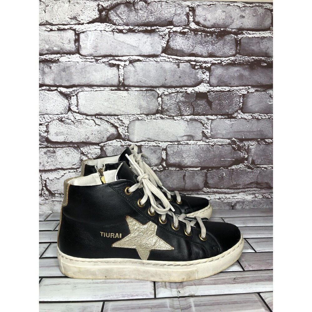 Tiurai Logo Black Leather High Top Lace Up Sneakers Shoes Women’s Sz 36EU/6M US